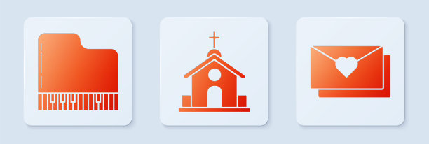 教堂建筑，三角钢琴和信封，以情人节的心。白色正方形按钮。向量图片下载