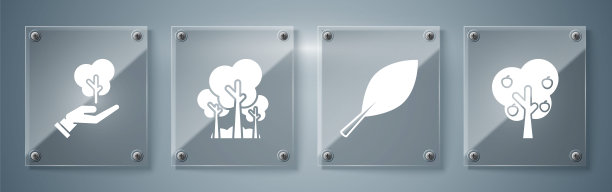 集树与苹果，树叶，树与树在环保的手中。方形玻璃面板。向量素材图片