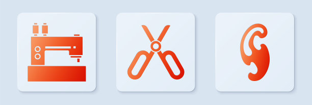 集剪刀，缝纫机和法式曲线。白色正方形按钮。向量图片下载