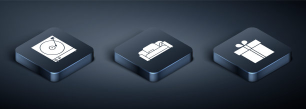 设置等距乙烯基播放器与乙烯基磁盘，礼盒和沙发图标。向量图片下载