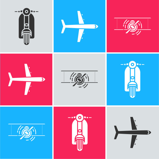 Set Scooter, Plane and Old retro vintage Plane图标。向量图片下载