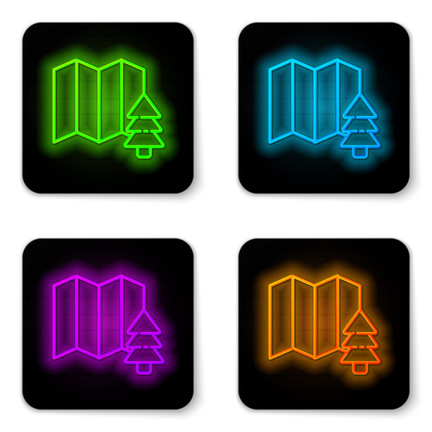 发光的霓虹线森林在地图上的位置，图标孤立在白色背景上。黑色方形按钮。矢量图图片下载