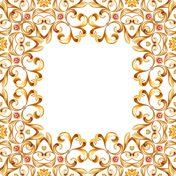 金色花卉巴洛克设计元素。边框装饰方形。红色的宝石图片下载