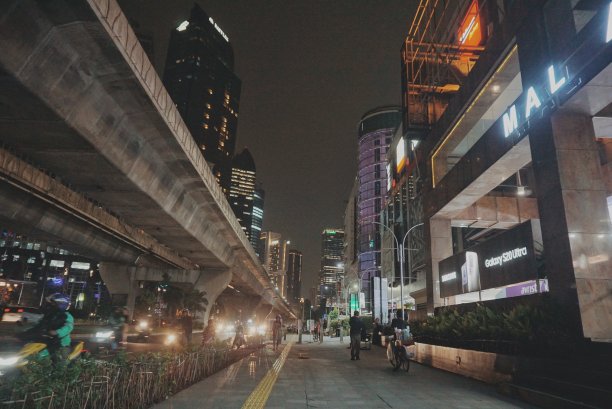 以高楼为背景的城市夜间人行道图片下载