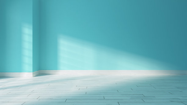 油漆浅蓝色的墙壁与木制的白色拼花地板和阳光从窗户在墙上逼真的3D渲染图片下载