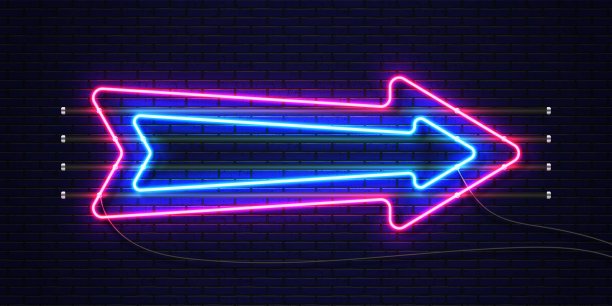 霓虹灯箭头。发光的霓虹箭头，指针图片下载