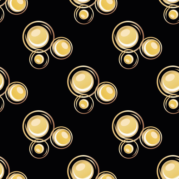 抽象香槟气泡矢量无缝图案背景。在黑色的金色背景下，吸引了一团团的气泡水滴。优雅闪闪发光的重复插图。所有的印刷派对庆祝概念图片下载