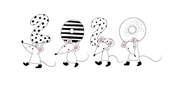 可爱的卡通老鼠。贺卡。鼠年是中国的生肖。新2020年。动物卡通人物集。有趣的老鼠和圣诞树图片下载