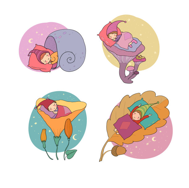可爱的卡通侏儒睡在床上。有趣的森林精灵。困倦的孩子和玩具-向量图片下载