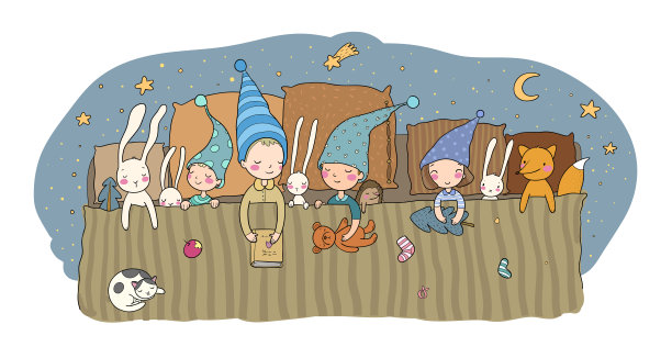 可爱的卡通侏儒睡在床上。有趣的森林精灵。困倦的孩子和玩具-向量图片下载