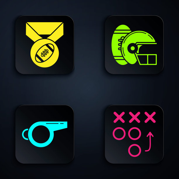 制定规划战略理念，美式足球带奖牌、哨子、美式足球和头盔。黑色方形按钮。向量图片下载