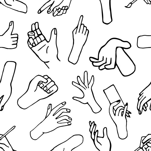 手绘涂鸦无缝图案插图与手掌，手。人类的概念设计。指针符号，矢量手势图片下载