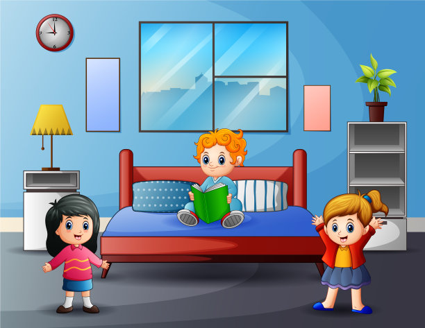 卡通快乐的女孩在卧室里玩图片下载