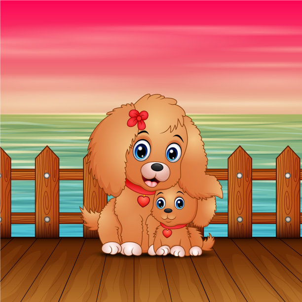 可爱的卡通狗妈妈和她的小狗在海港图片下载