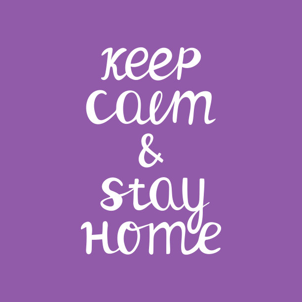 保持冷静，待在家里。检疫报价。可爱的手绘字体。紫色背景上的白色引用。矢量插图。图片下载