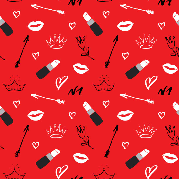 口红无缝模式，手绘时尚和美容项目，矢量插图图片下载