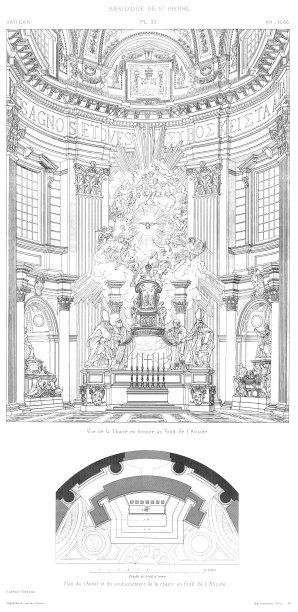 圣彼得大教堂:在后殿底部的祭坛和讲坛底座的平面图。1666年，梵蒂冈在1882年建造的后殿后面的青铜讲坛图片下载