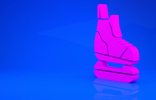 粉色溜冰图标孤立在蓝色背景。冰鞋图标。带刀片的运动靴。极简主义的概念。3d渲染图图片下载