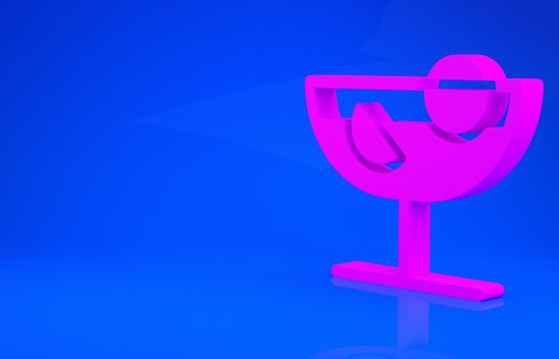 粉色鸡尾酒图标孤立在蓝色背景。极简主义的概念。3d渲染图图片下载