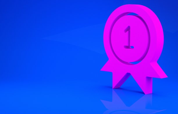 粉红色奖章图标孤立在蓝色背景。冠军成就的迹象。奖奖章。极简主义的概念。3d渲染图图片下载