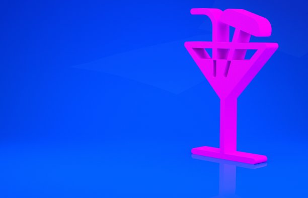 粉色鸡尾酒图标孤立在蓝色背景。极简主义的概念。3d渲染图图片下载