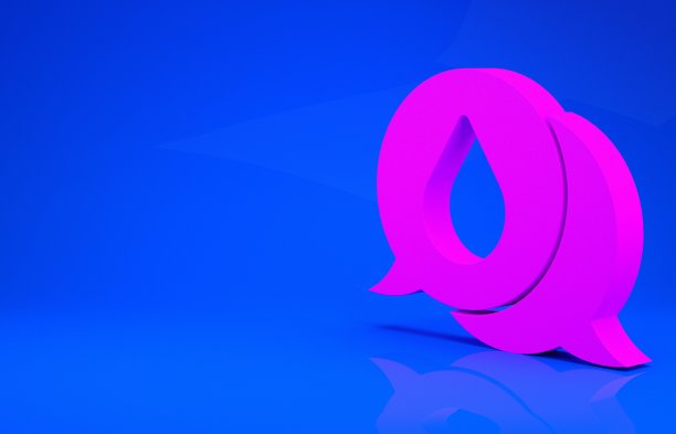 粉红水滴与语音气泡图标孤立在蓝色背景。极简主义的概念。3d渲染图图片下载
