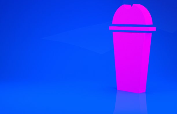 粉色奶昔图标孤立在蓝色背景。带盖和吸管的塑料杯。极简主义的概念。3d渲染图图片下载