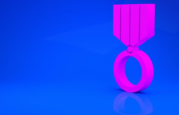 粉红色奖章图标孤立在蓝色背景。冠军成就的迹象。奖奖章。极简主义的概念。3d渲染图图片下载