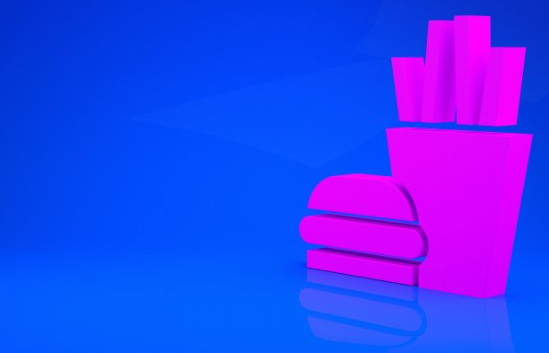 粉色汉堡和炸薯条在纸盒包装盒图标孤立在蓝色背景。汉堡包,汉堡包三明治。快餐。极简主义的概念。3d渲染图图片下载