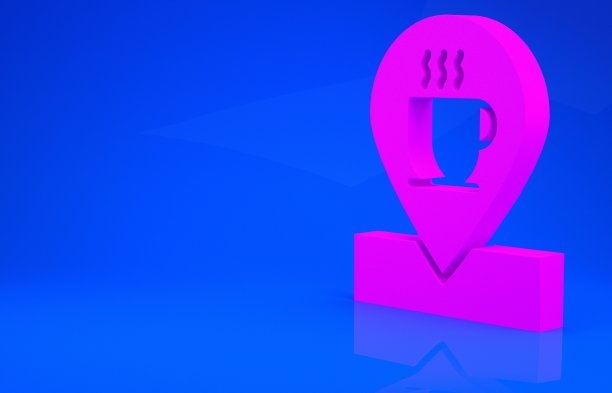 粉色位置与咖啡杯图标隔离在蓝色背景。极简主义的概念。3d渲染图图片下载