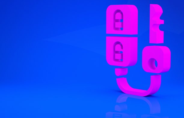 粉色汽车键与远程图标隔离在蓝色背景。汽车钥匙和报警系统。极简主义的概念。3d渲染图图片下载