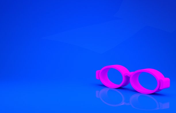 粉色眼镜游泳图标孤立在蓝色背景。护目镜的迹象。在水下潜水设备。极简主义的概念。3d渲染图图片下载