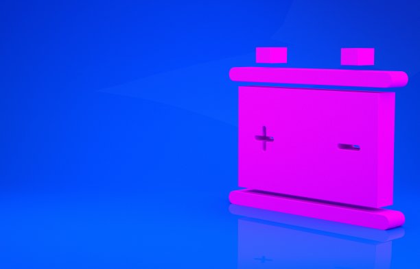 粉色汽车电池图标孤立在蓝色背景。蓄能器蓄电池能量动力和电能蓄能器蓄电池。极简主义的概念。3d渲染图图片下载