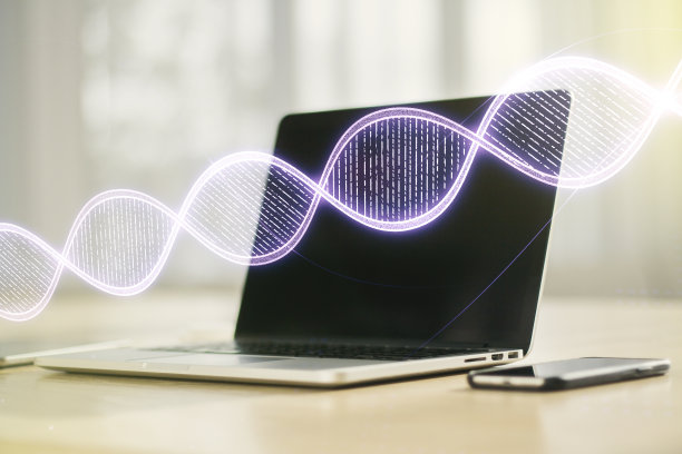 创意光DNA插图现代计算机背景，科学和生物学的概念。Multiexposure图片下载