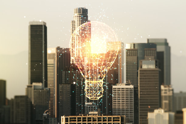 抽象虚拟灯泡插图洛杉矶城市景观背景，未来的技术概念。Multiexposure图片下载