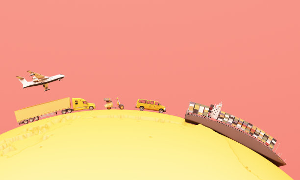 全球范围内的货物集装箱运输概念在黄色色调与卡车和厢式飞机在全球3d渲染图片下载