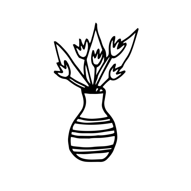 用鲜花的花瓶。手绘元素在涂鸦风格。向量斯堪的纳维亚单色极简主义。舒适的家，舒适的环境，郁金香图片下载