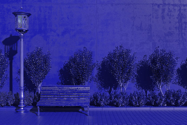 蓝色灯光下的黑夜街道。月光下，沿着一座建筑物的混凝土墙走的人行道上只有一盏旧灯笼和一条长凳。夜晚城市的单色蓝色插图。3 d渲染。图片下载