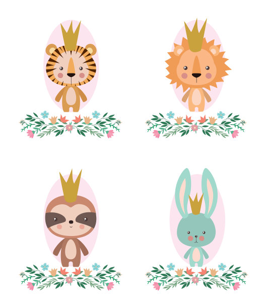 可爱的老虎、狮子、树懒和兔子卡通图片下载