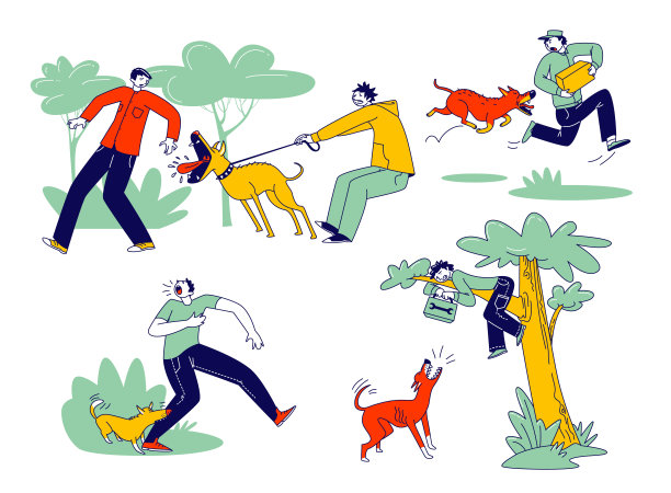 狗攻击的概念。攻击性动物对男性人物咬和吠。手拿包裹的快递员逃离愤怒的狗，勤杂工坐在树上。线性人物矢量图图片下载