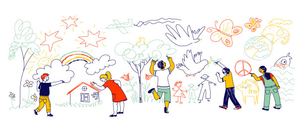 不同民族的孩子们在白色的墙壁上用粉笔画画。和平或国际儿童日概念。友谊,教育。线性人物矢量图图片下载