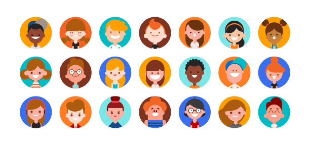 青少年和儿童头像收集。可爱的孩子，男孩和女孩的脸，彩色的用户图片图标。平面设计风格的卡通插图孤立的白色背景。图片下载