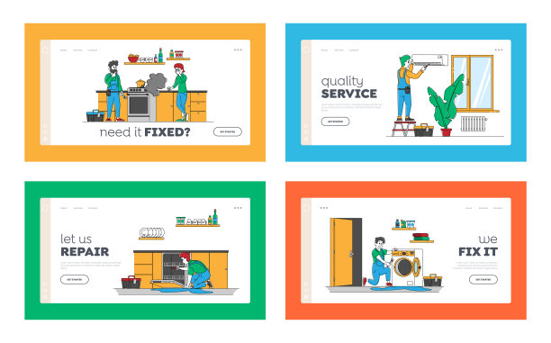 修理服务丈夫一个小时登陆页面模板集。家庭统一修补破碎工艺中的男性角色。电工，水管工电话管理员。线性人物矢量图图片下载
