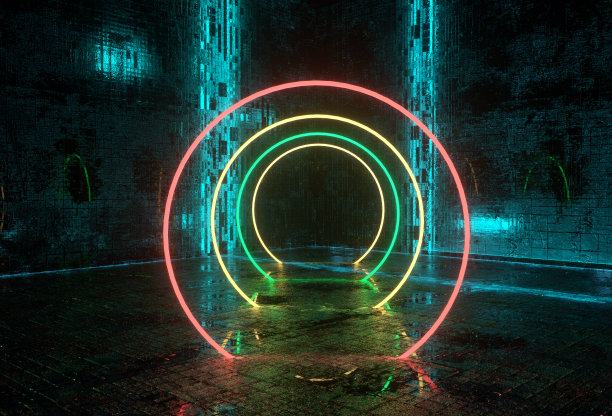 反射混凝土地板上的圆形霓虹灯管素材图片