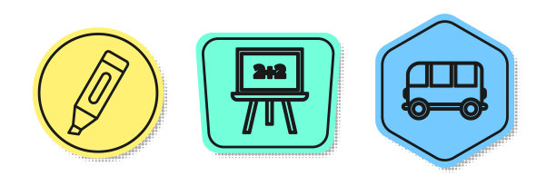 设置线记号笔、黑板和校车图片下载