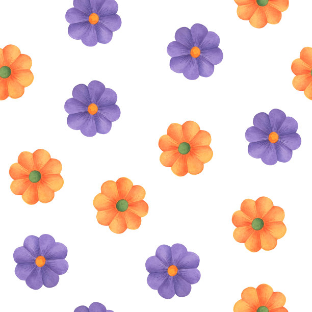 橙色和紫罗兰花的无缝图案。孤立在白色背景上。手绘水彩插图装饰织物，窗帘，墙纸，网站，邀请。图片下载