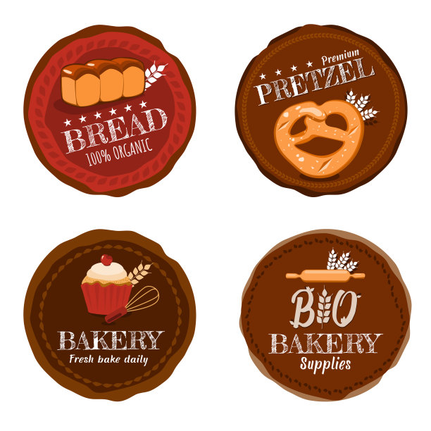 向量集4有机产品或食品面包，椒盐卷饼，面包房和烘焙用品商店标志徽章在白色背景上的色调图片下载