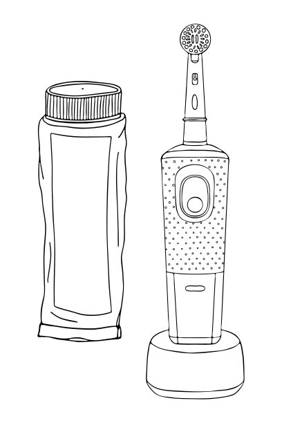 设置个人日常口腔卫生用品。大管牙膏，电动牙刷充电装置。单独的刷牙配件。矢量孤立模板涂鸦现实绘图图片下载
