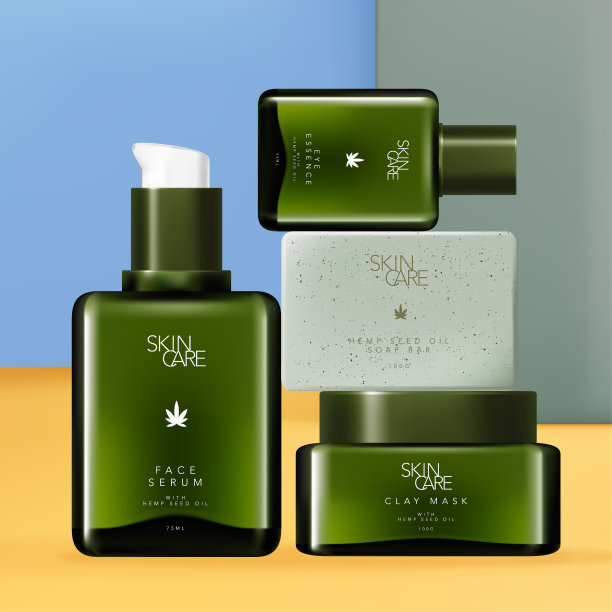 矢量CBD大麻种子油护肤和身体护理与着色绿色面部精华液或眼睛精华泵玻璃瓶，粘土面膜罐和去角质肥皂。图片下载