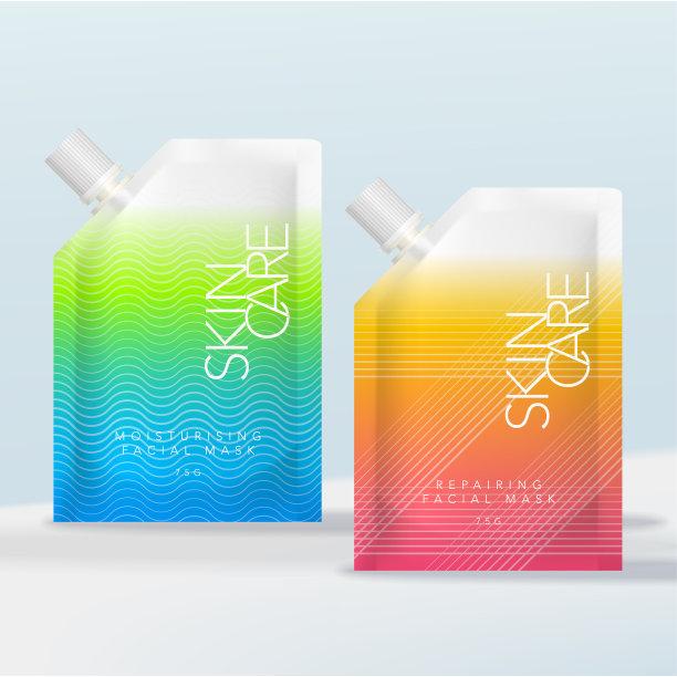 矢量香袋袋或袋与肋螺旋盖保健，美容，护肤产品或能量饮料。充满活力的梯度几何图案印刷。图片下载